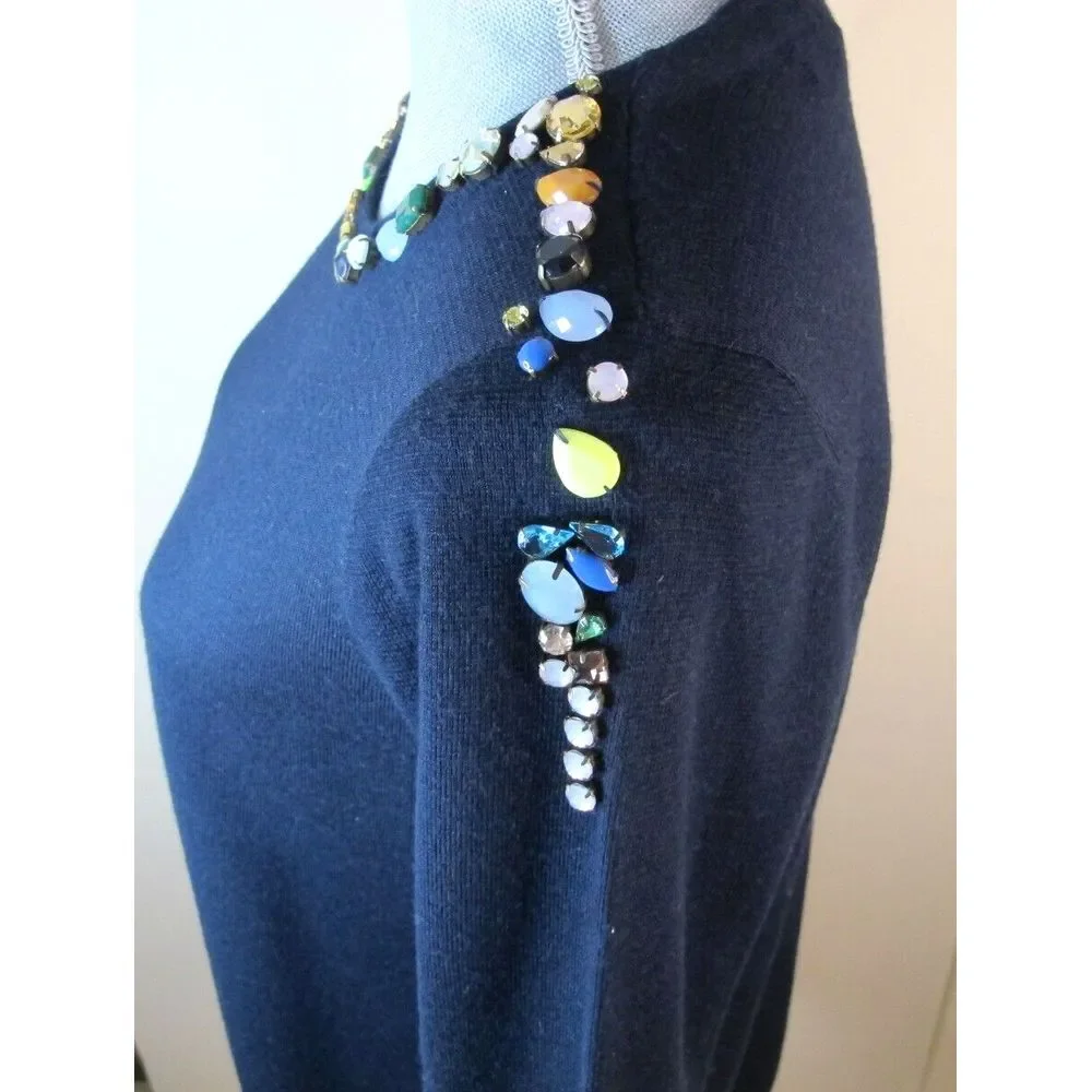 J. Crew‎ Sweater Women's Medium Blue Jeweled Merino Wool Blend Pullover